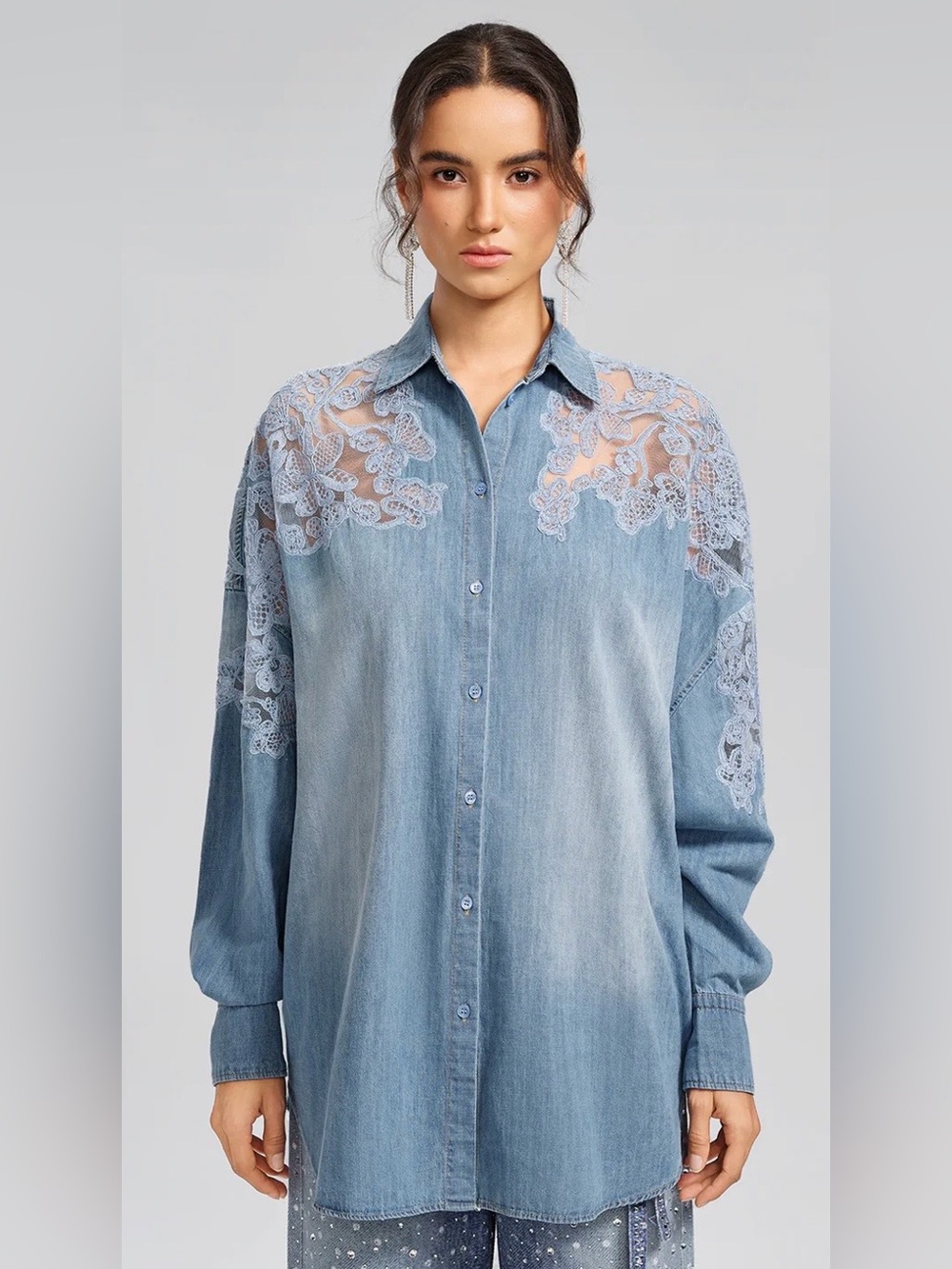 Rich Radi Q’s Elegant Floral Lace Panel Button Down Denim Oversized Shirt S M L